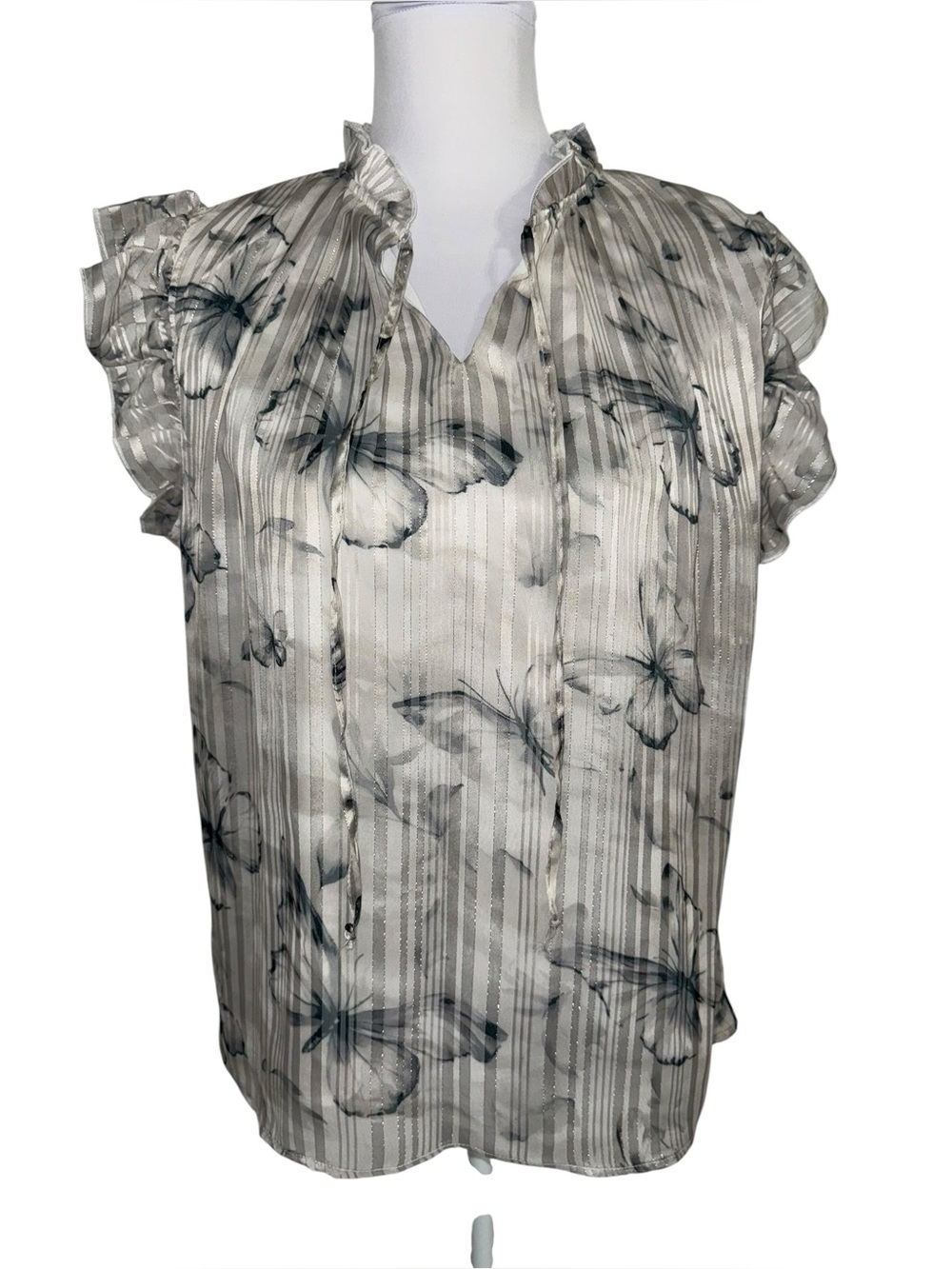 Shannon Ford New York Women’s Large Butterfly Ruffle Sleeve Sheer Blouse Sparkly